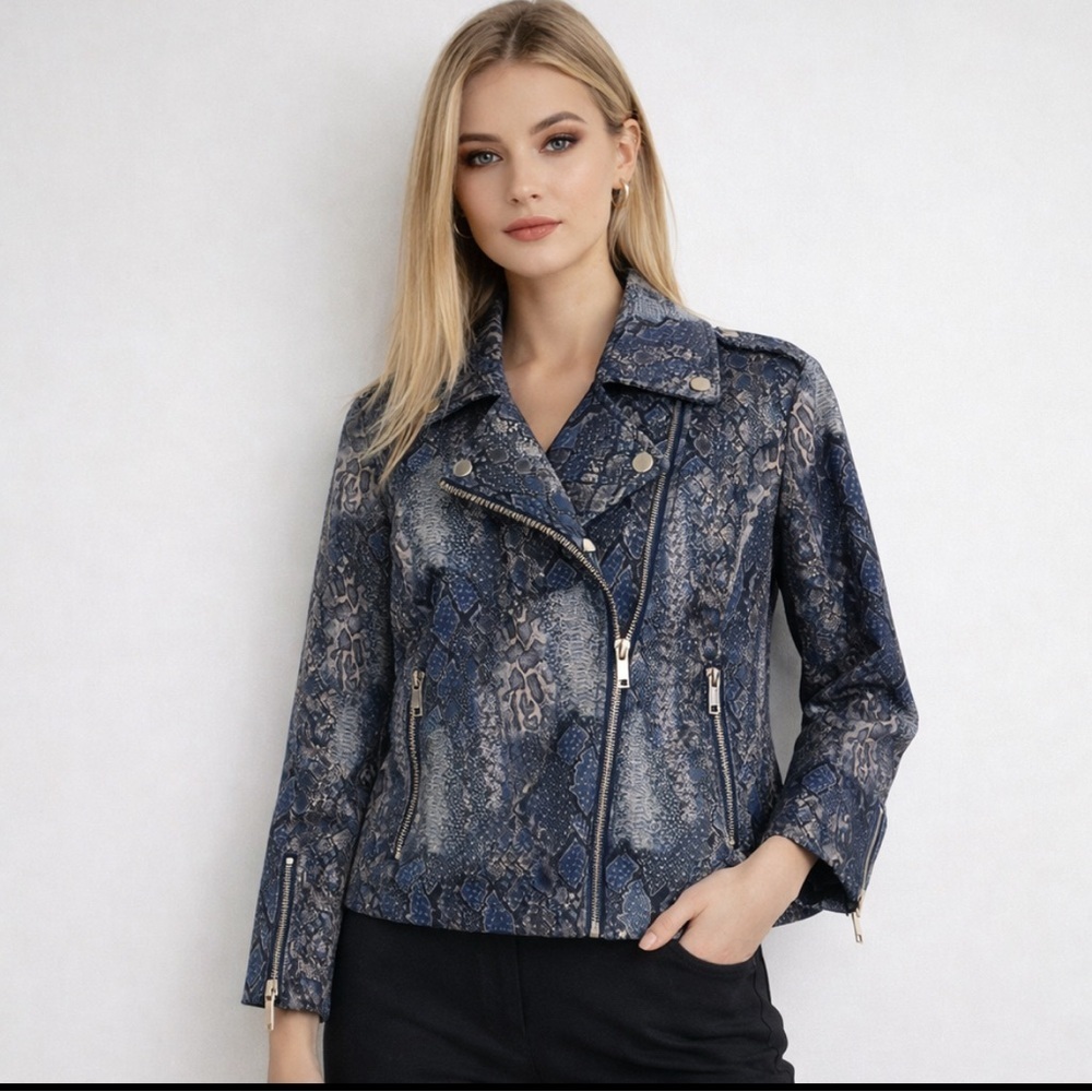 Bagatelle Faux Reptile Print Moto Style Jacket Faux Suede Blue/Gray Size M